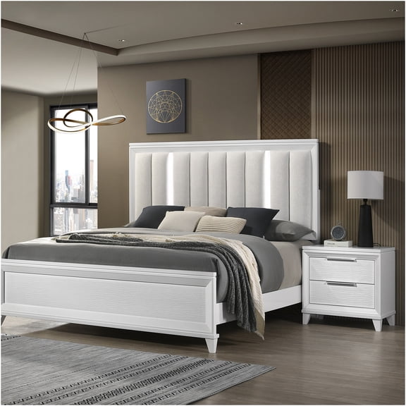 JERFIT Modern King Size Bed with LED Headboard & 2 Nightstands, 3pc Upholstered Panel Bed Set, White Solid Wood Furniture for Bedroom