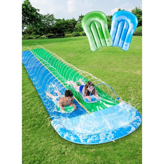 Joyfy 22.5ft Triple Water Slide and 2 Inflatable Boards, Backyard Summer Lawn Water Slides Waterslide and Slip Sprinkler Water Toy for Kids Adults Outdoor Fun Blue/Green