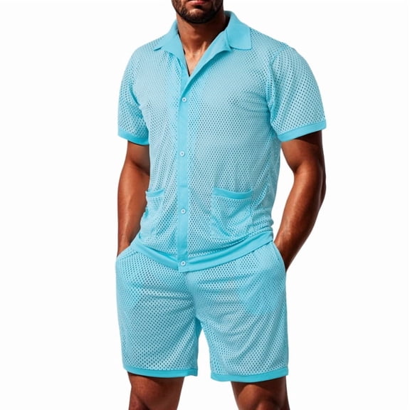 Men Mesh 2 Piece Outfits See Through Casual Shirts and Shorts Hollow Out Mid Shorts Set Lake Blue M