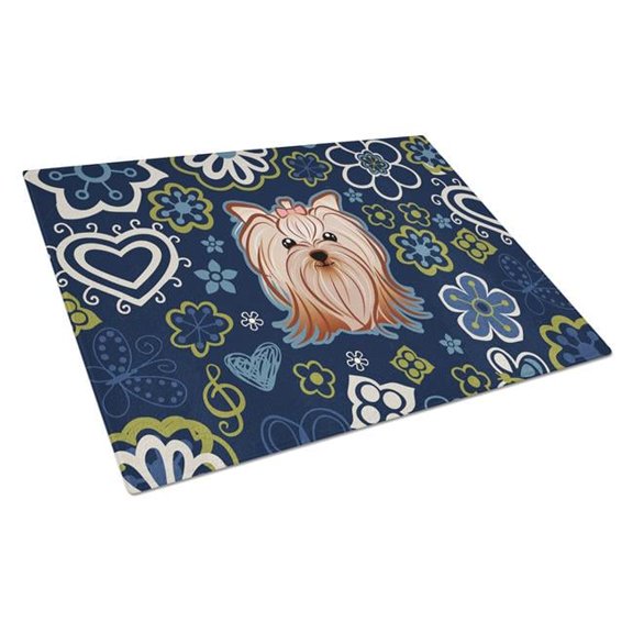 Caroline's Treasures BB5055LCB Blue Flowers Yorkie Yorkishire Terrier Glass Cutting Board Large, 12H x 16W, multicolor
