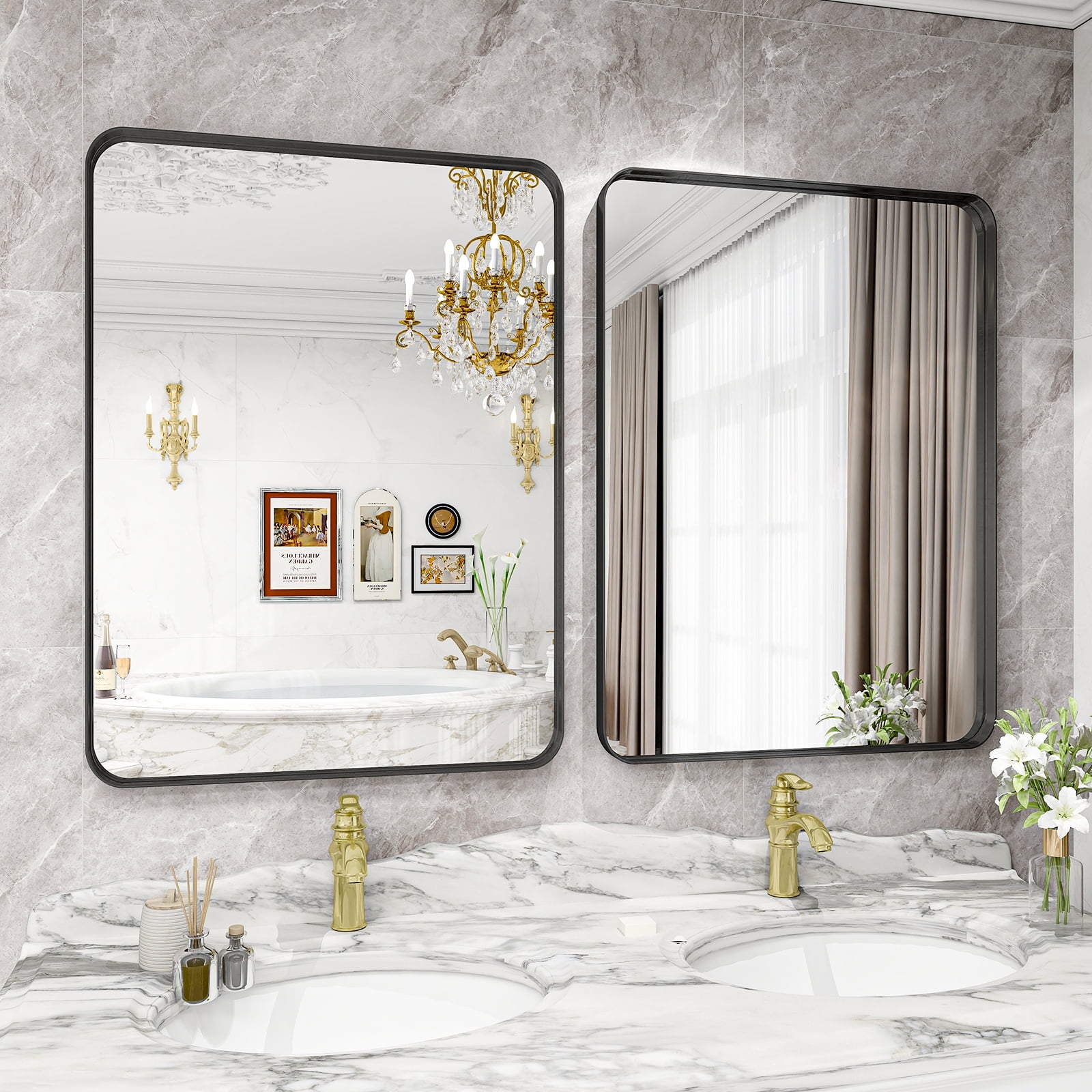 BEAUTYPEAK 30"x40"Rectangular Bathroom Mirror Wall-Mounted Mirror with Deep Frame,Black