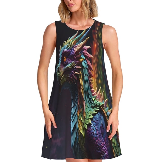 Balery Dragon with Colorful Tail Vestidos de verano para mujer con estampado: vestido holgado sin mangas, vestido playero informal y cómodo para días calurosos.