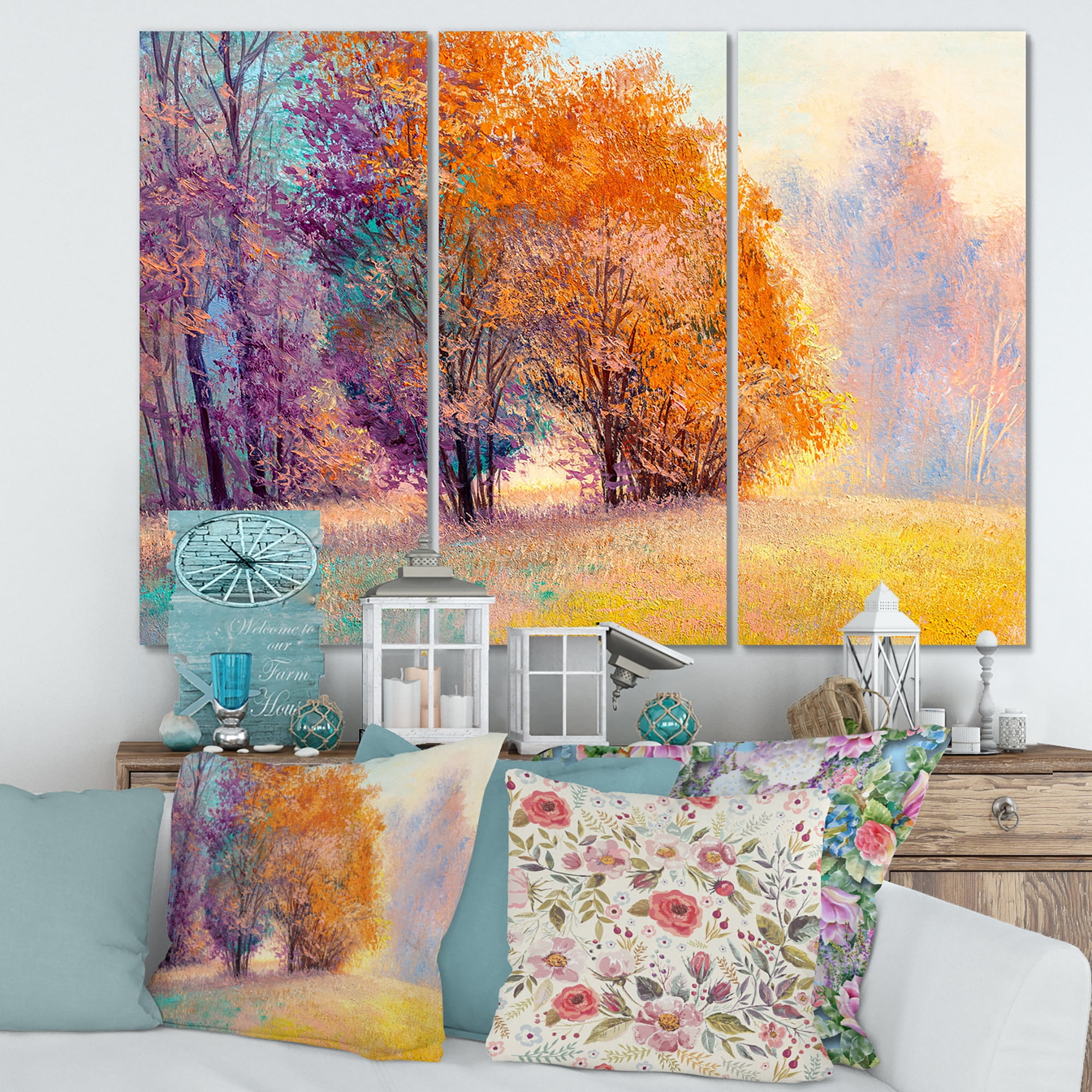 Autumn Forest Orange Leaves Landscape 28 in x 36 in Painting Canvas Art Print, by Designart