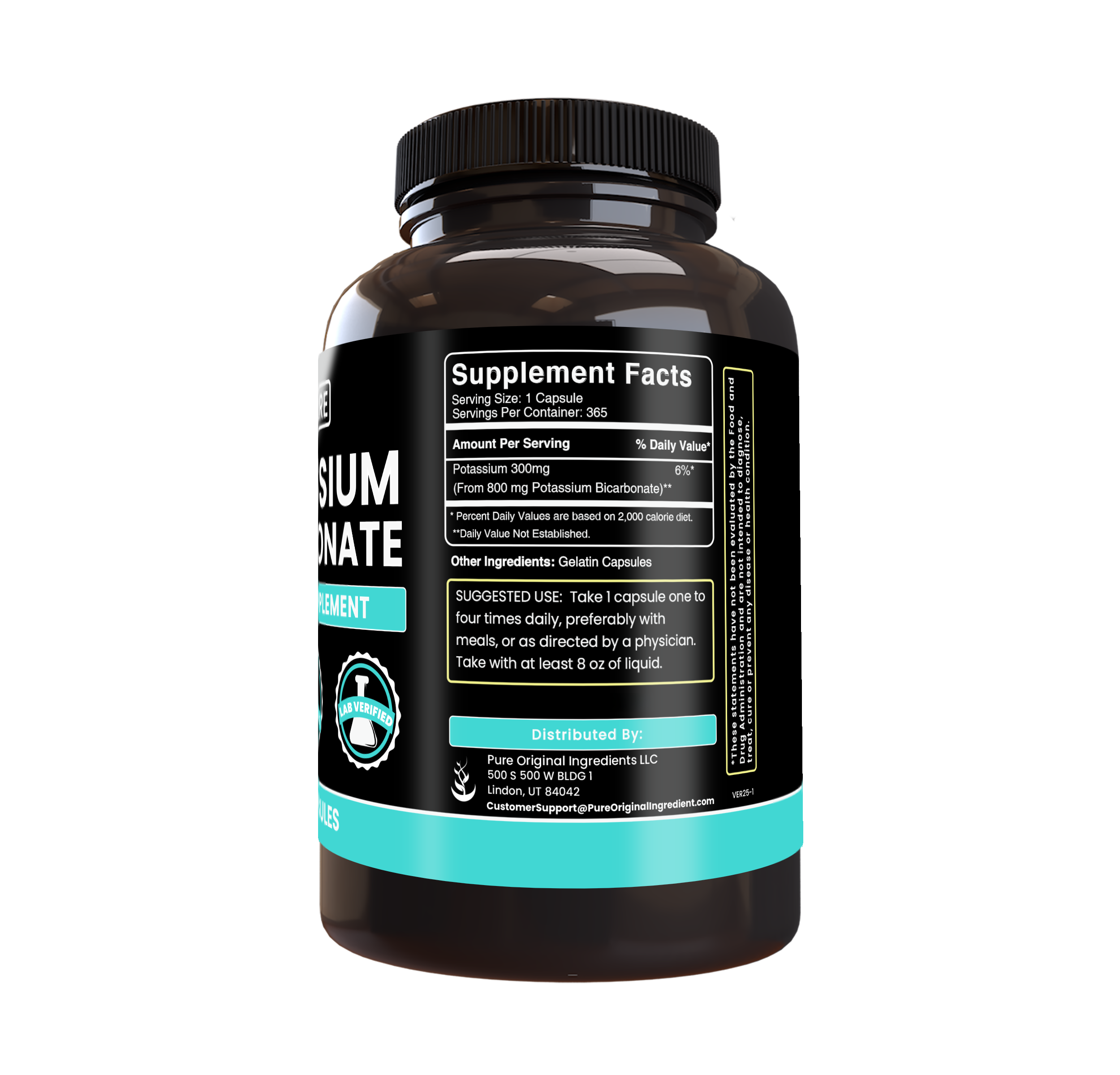 Pure Original Ingredients Potassium Bicarbonate 365 Capsules No Magnesium Or Rice Fillers, Always Pure, Lab Verified