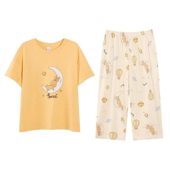 100% Cotton Women Capri Pajama Set 2 Pcs Short Sleeve Top Capris pants Sleepwear