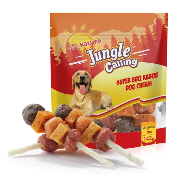 Jungle Calling Chicken, Duck, Beef, Sweet Potato & Pumpkin Rawhide Kabob Dog Treats, 5-oz bag