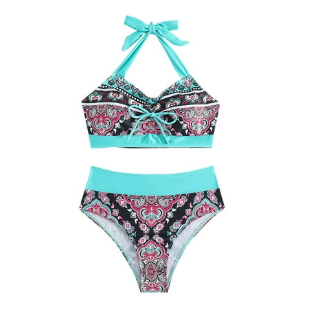 ZQGJB Womens High Waisted Swimsuits with Boy Shorts Summer Tropical Printed Brazilian Triangle Top Stripes Halter Bikini Two Piece Bathing Suits(Mint Green L)