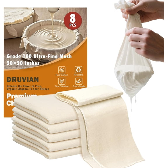 High-Grade 100 Cheesecloth – 8-Pack, Soft & Durable 20x20 Inch Cotton, Lock-Edged, Reusable for Cooking, Straining, and Cheesemaking