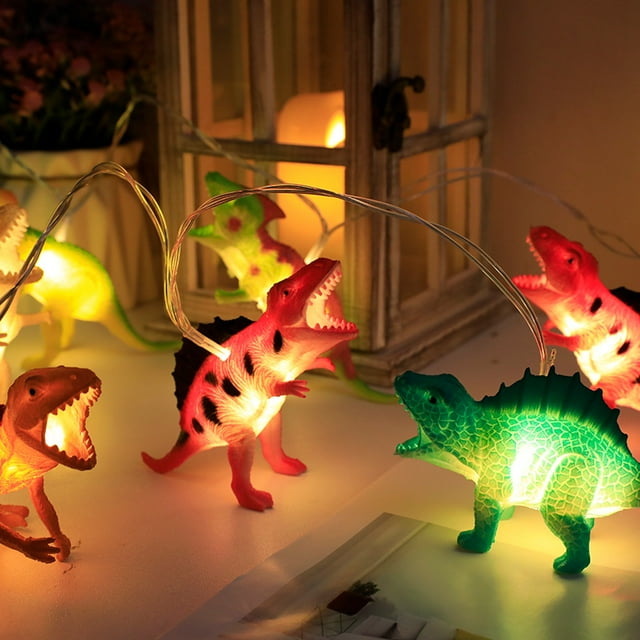 Luces de cadena para dormitorio infantil - Luz nocturna LED de 3 metros a pilas, perfecta para decoraciones de cumpleaños infantiles - Juego de figuras de dinosaurio pequeño - Funciona con pilas