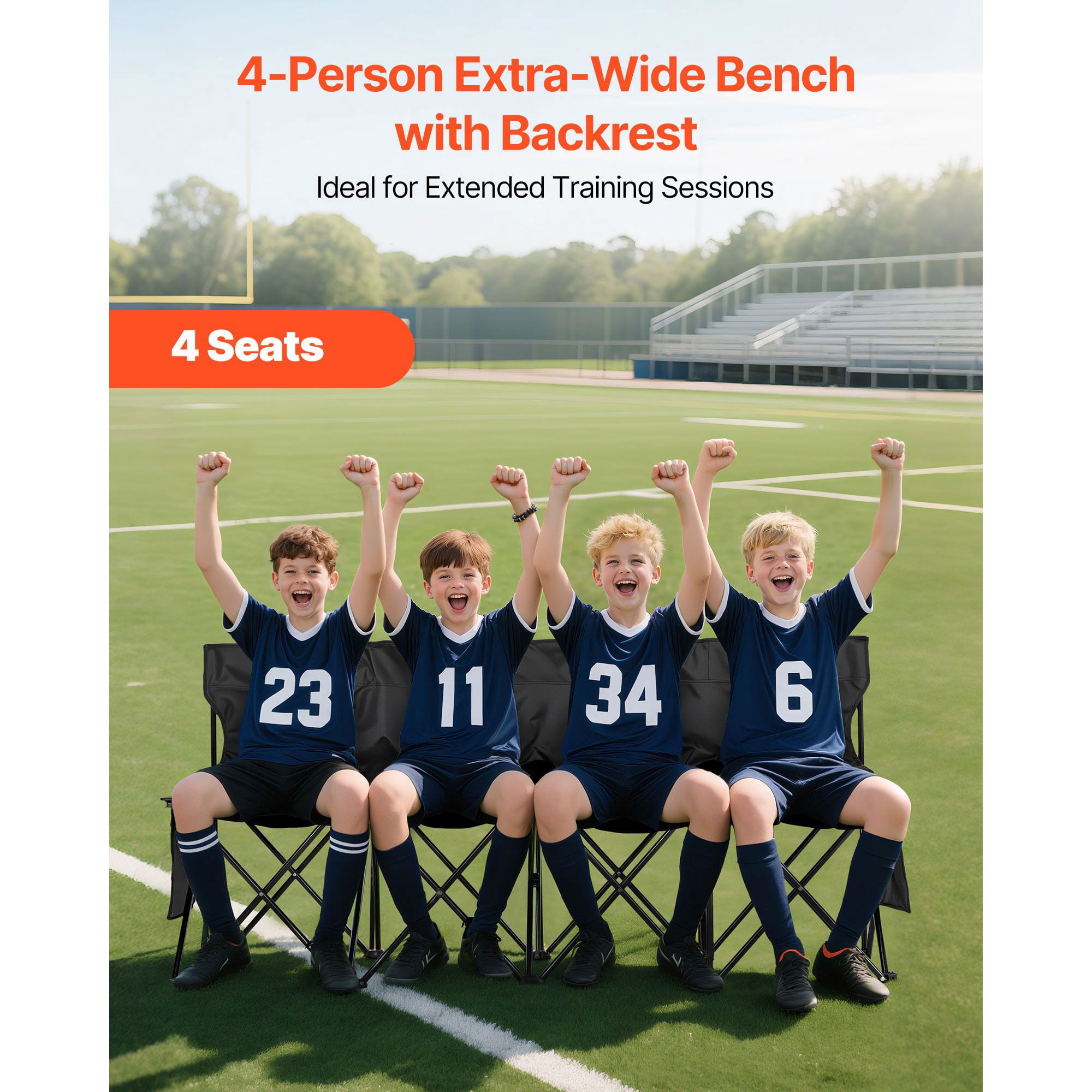 4 Person Portable Folding Sports Bench with Backrest, 4-Seat Foldable Soccer Sideline Bench Black with Side Storage Pockets Carry Bag, 600D Oxford Outdoor Team Bench for Football Camping Events