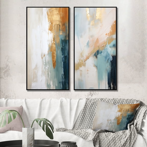 Designart "Vintage Solitude Blue Abstract Painting I" Abstract Painting Framed Wall Art Set Of 2 - Modern White Gallery Wall Frame Set For Home Decor