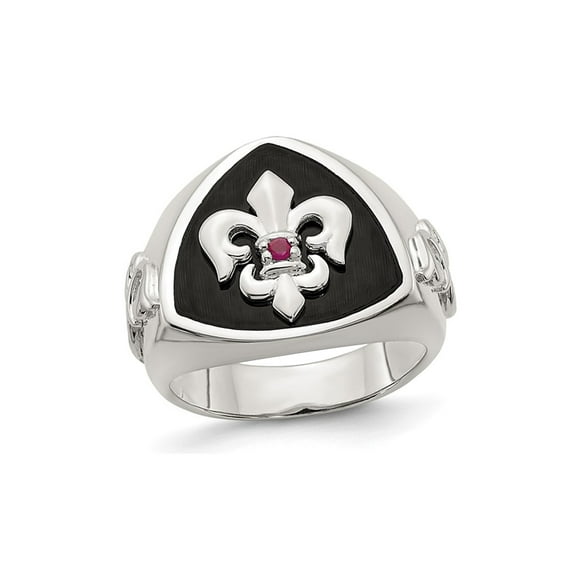 Mens Black Agate Fleur de Lis Ring with Accent Ruby in Sterling Silver for Men