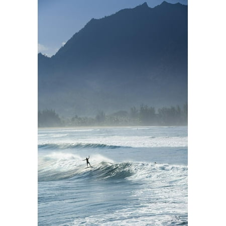 Surfers Riding Big Waves on the North Shore of Kauai, Hawaii in Hanalei Bay Print Wall Art By Sergio