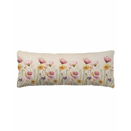 Pink Yellow Flowers Body Pillow Cover 20 x 60 Inch Decorative Pillow Cover Spring BotanicaL Wild Florals Art Lumbar Pillowcase Seasonal Rectangle Cushion Case for Couch Sofa Bed Living Room
