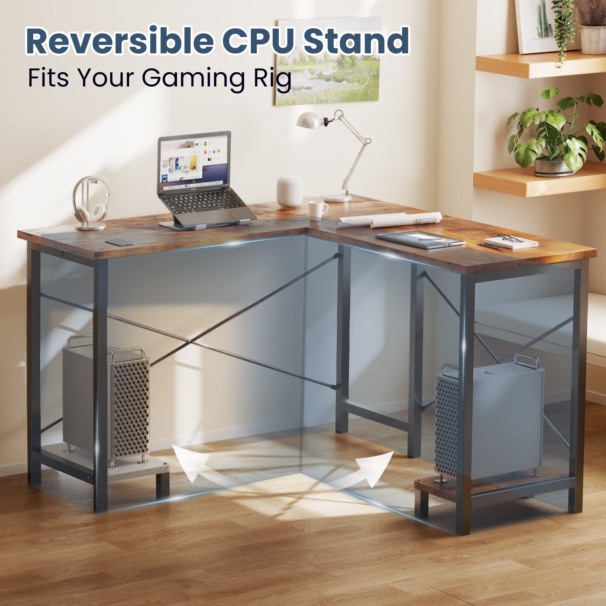 JIOABL 50" L-Shaped Corner Gaming Desk with Reversible CPU Stand, Waterproof Desktop & Metal Frame, Rustic Brown