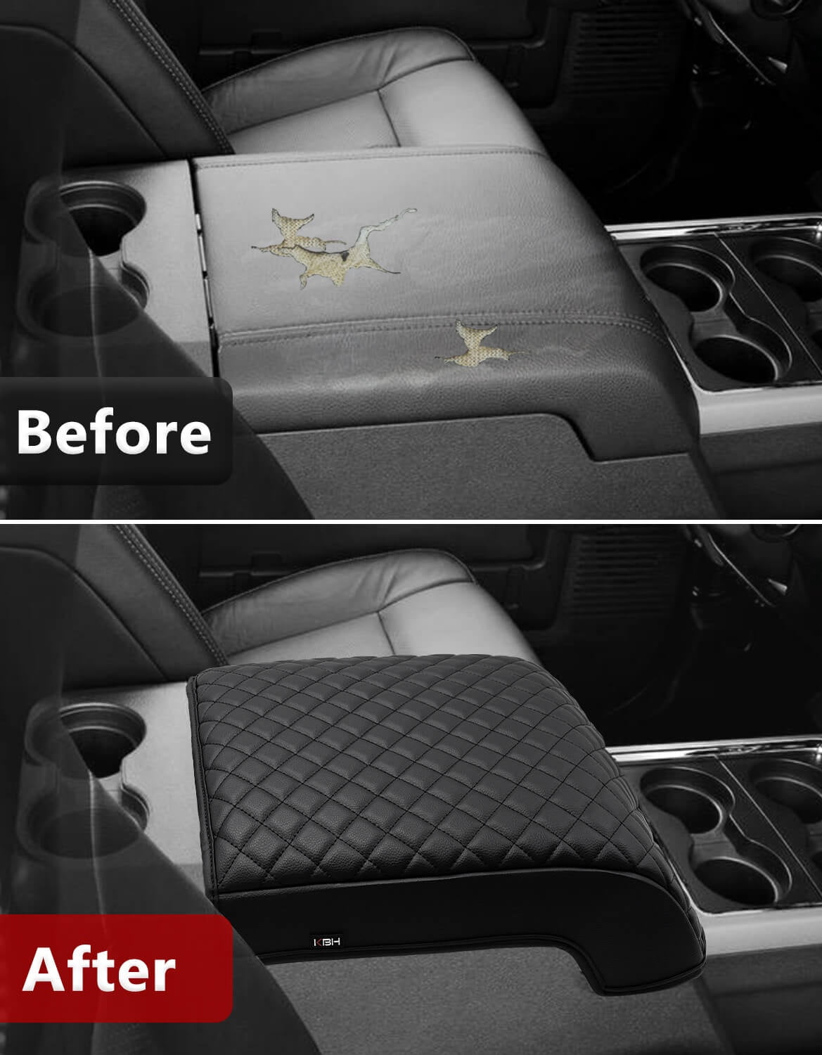KBH Center Console Cover for 2011-2016 Ford F250 Super Duty, Black Leather Armrest Lid Cushion Pad for F350 F450 F550 Accessories