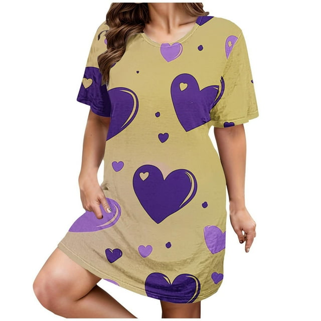 Chemises de Nuit et Vêtements de Nuit pour Femmes Adultes, Robe de Nuit Grande Taille avec Cœur, Manches Courtes, Col Rond, Mi-Longue et Ample, Jaune TG-5TG,