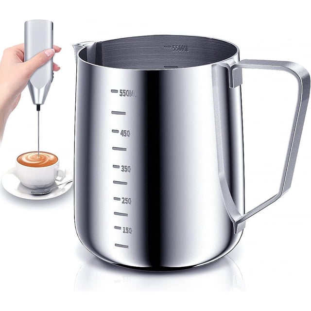 Jarra para Espumar Leche 550ml Jarra de Leche de Acero Inoxidable para Espumar Café Espresso y Leche Máquinas de Café Espresso (550ml con Espumador de Leche)