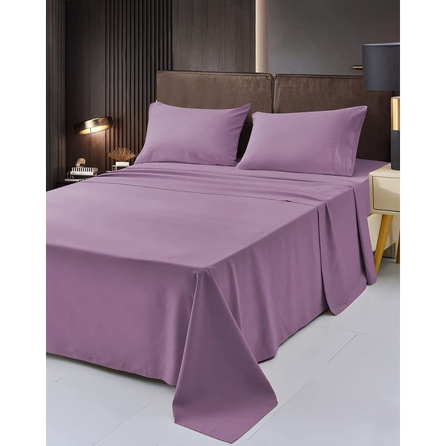 the Season Essentials Wrinkle Free Sheet Sets with Deep Pockets & Stain Resistant, 4 pc, 1800 Thread Count Bamboo Based, Lavender, California King