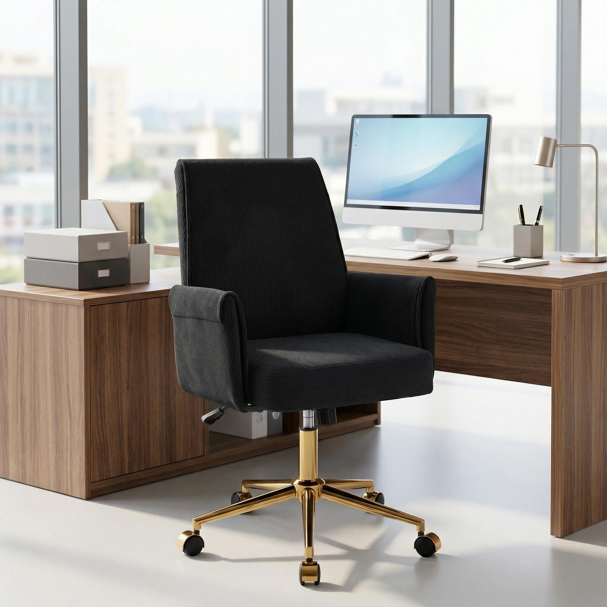 Homy Casa Upholstered Office Chair with Wheels, Adjustable Swivel Vanity Chair for Home Office