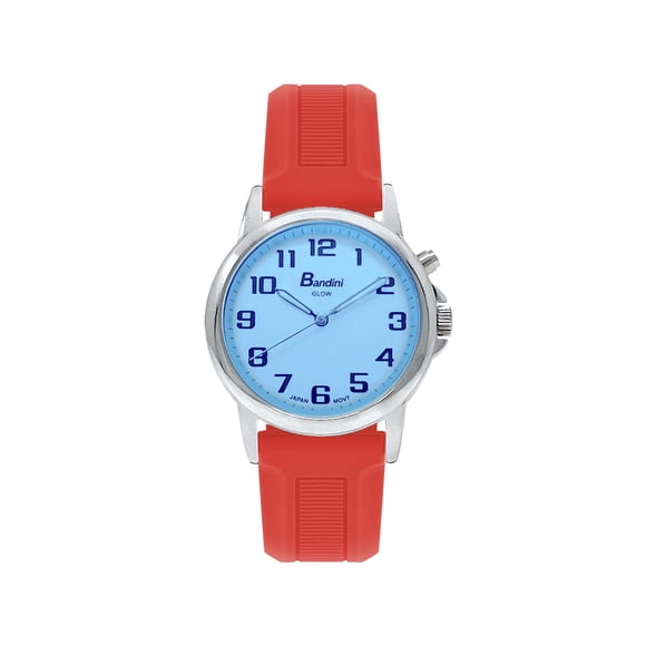 Bandini Womens Glow Watch - Washable Silicone Band - 28mm Analog Women's Easy Read Wrist Watch with Light, Light Up Watches, Quartz, White Dial, Big Numbers, Glow in the Dark Hands - Silver Tone / Red