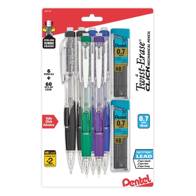Lápiz Mecánico Pentel Twist-Erase 0.7mm Paquete de 6 con Minas