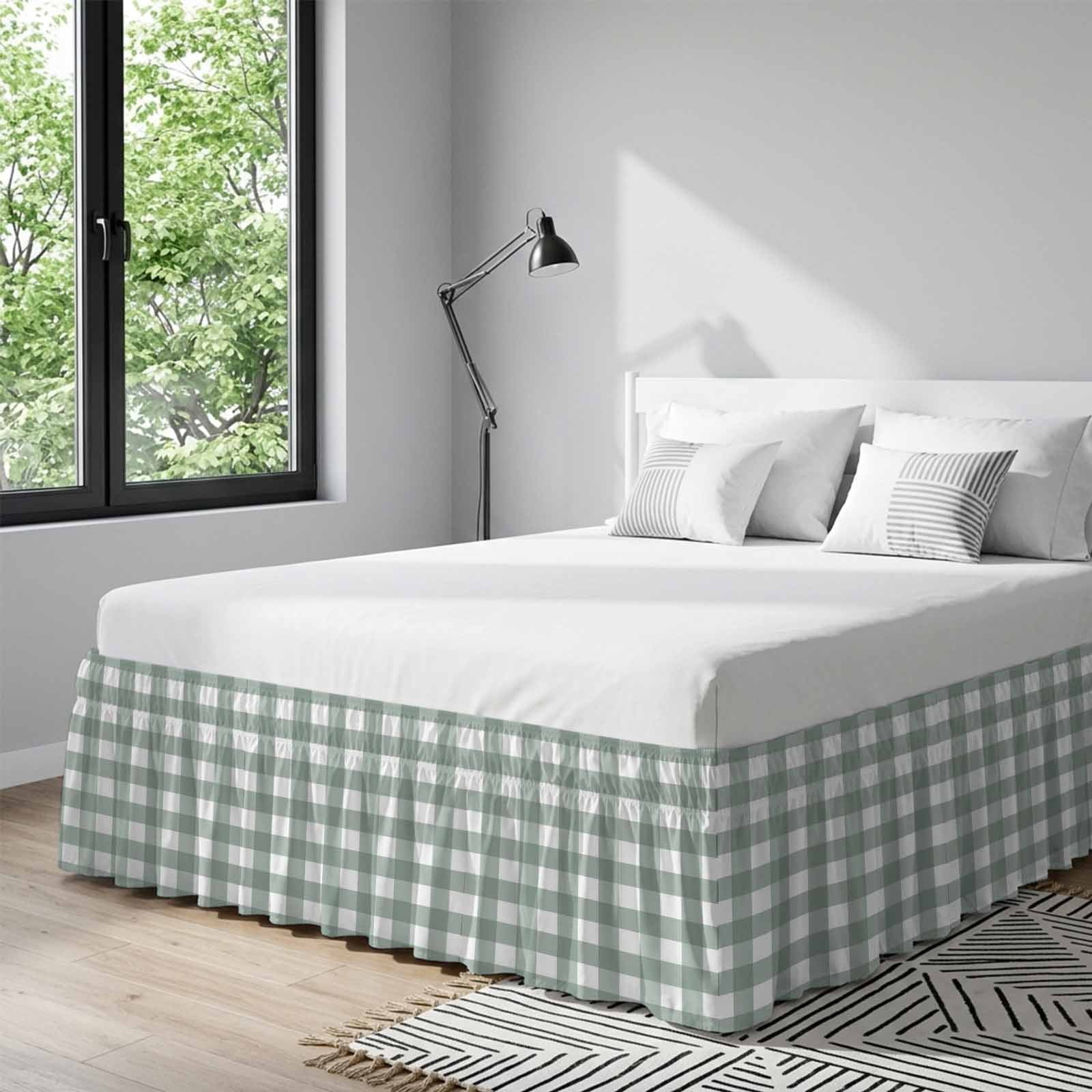 Green Farmhouse Bed Skirt Queen Size, Buffalo Plaid Check Lattice White Grid Wrap Around Bed Skirting with Adjustable Elastic Strap, Dust Ruffle Pleated Bedskirts 18 Inch Drop for Bedroom Queen Beds