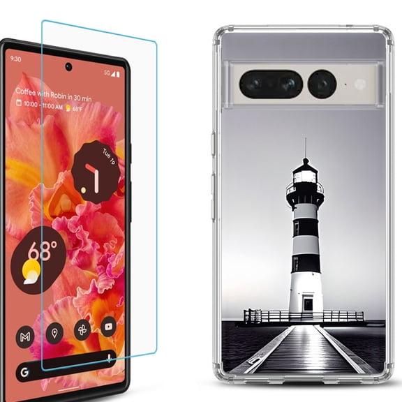 Shockproof Bumper Phone Case for Google Pixel 7, with Tempered Glass Screen Protector, by OneToughShield ® - Lighthouse