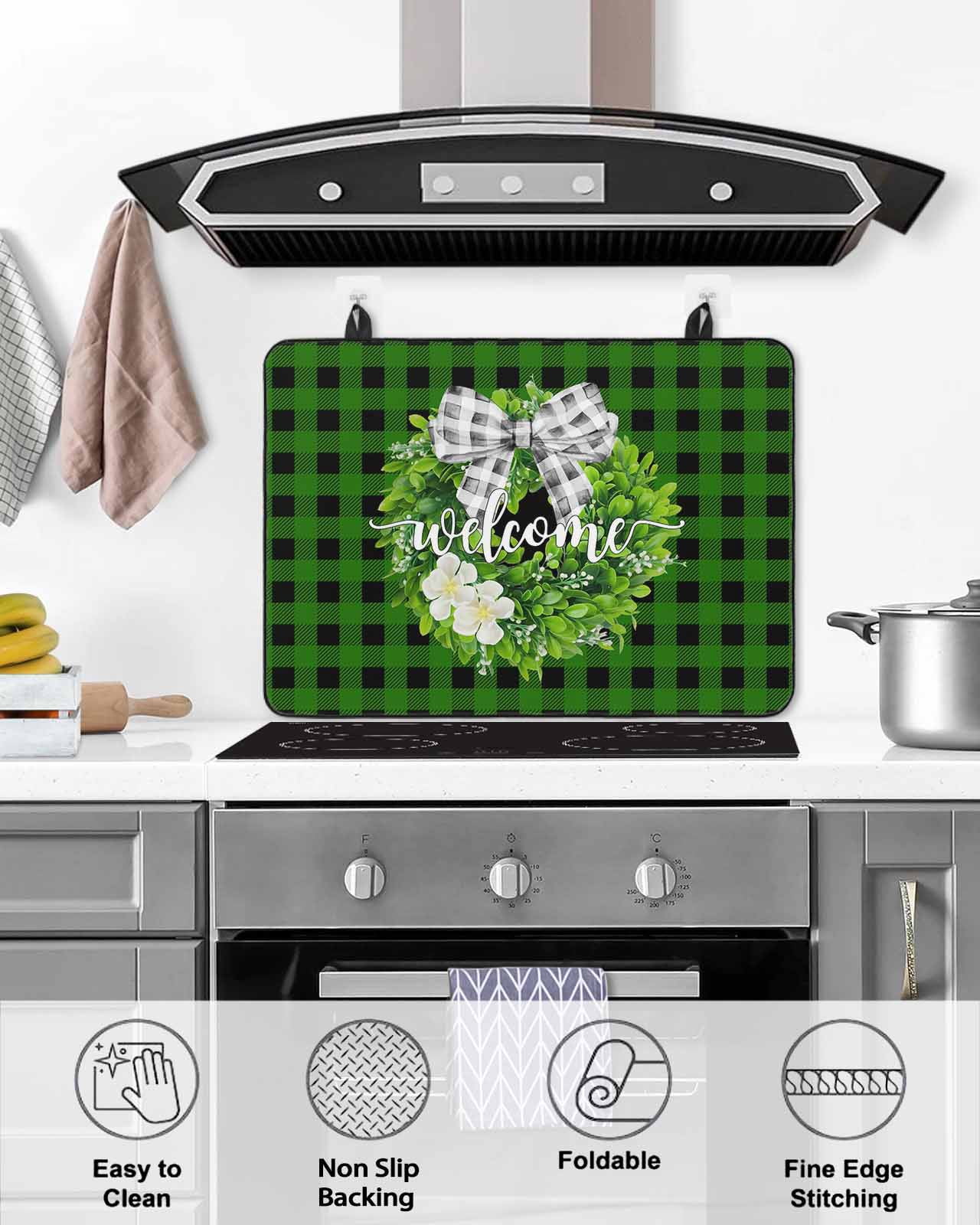 Large Induction Cooktop Protector Mat Botanical Flower Wreath Stove Top Covers for Electric Stove, Rustic Bow-Knot Green Black Plaid Decorative Stove Burner Cover Mats, Glass Top Stove Cover