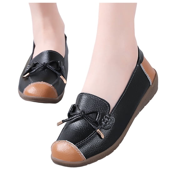 Rokment Womens Vintage Bow Wedges Slip on Penny Loafers Walking Shoes Casual Comfortable Color Block Leather Low Heels Oxfords Dressy Ballet Flat for Ladies Black Size 6.5