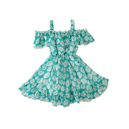 

DNDKILG Baby Toddler Girls Cold Shoulder Summer Dresses Floral Dress Ruffle Short Sleeve Sundress Green 1Y-6Y 120