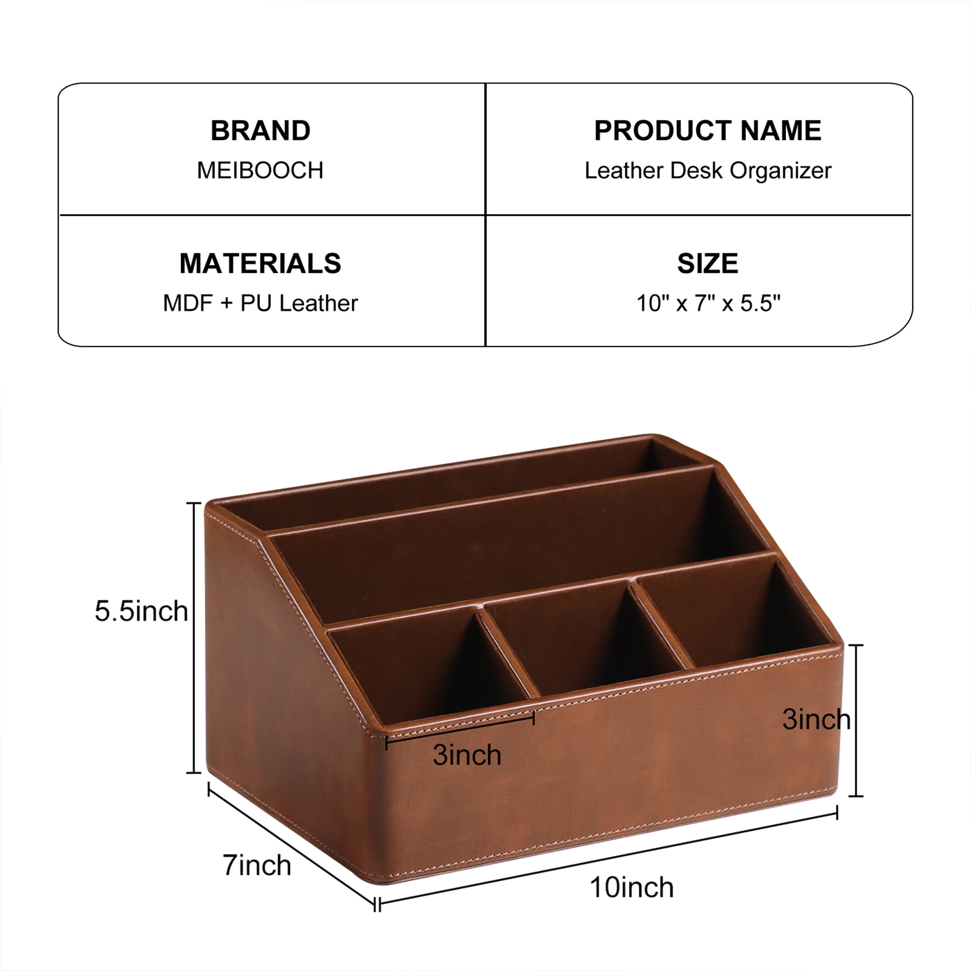 MEIBOOCH PU Leather Desk Organizer, Luxury Remote Control Holder for Home, Office Desk Accessories Table Caddy Bedside Nightstand Organizer (Brown)
