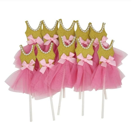 Fairy Princess Castle Cake - Estink Pink Gold Ballerina Tutus Cake Topper for Girls Princess Birthday Decorations Pack of 10