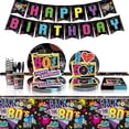 thumbnail image 5 of Juego de vajilla desechable para fiesta de cumpleaños de los años 80, platos, vasos, servilletas, mantel, pancarta decorativa para fiesta de cumpleaños, 5 of 5