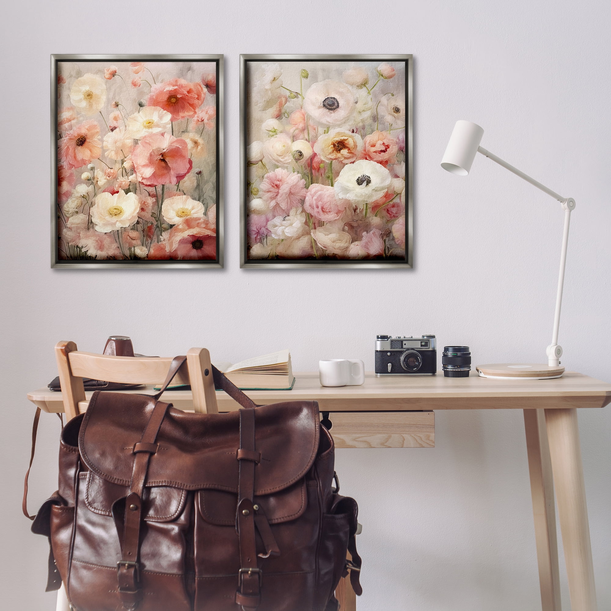 Stupell Industries Blush Floral Flowers Plants & Flowers Painting Gray Floater Framed Canvas Art Print Wall Art, 31 x 25, Set of 2