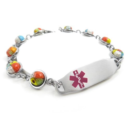 MyIDDr Hemophilia Medical Bracelet, Flower Pattern Millefiori Glass