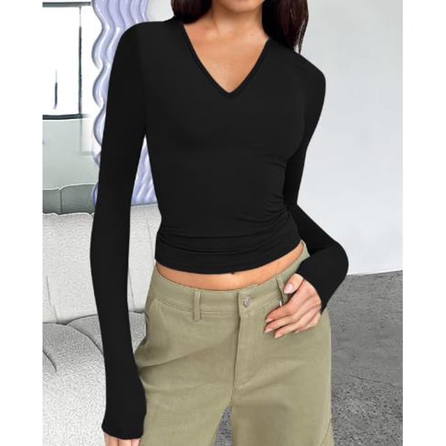 Diconna Women's Spring Autumn Crop Tops Solid Color Long Sleeve V Neck Short Slim T-shirt
