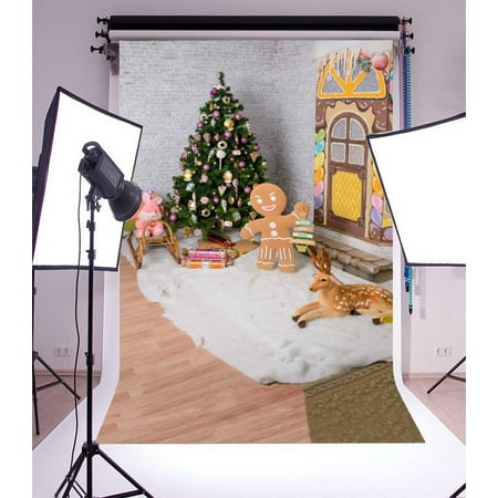 Image of GreenDecor 5x7ft Christmas Photography Backdrop Tree Interior Decorations White Brick Wall Reindeer Dolls White Blanket Scene Photo Background Children Baby Adults Portraits Backdrop