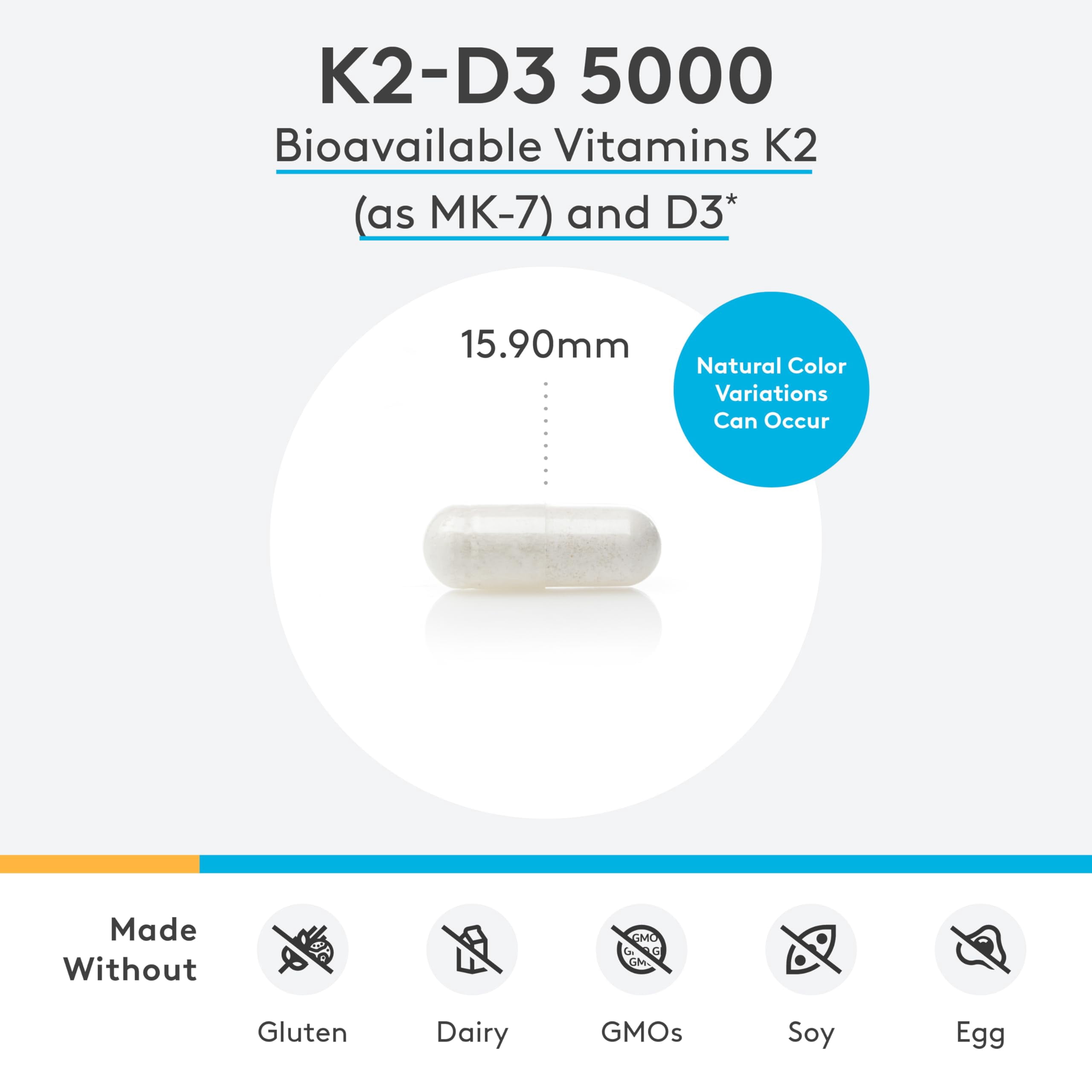 XYMOGEN K2-D3 5000 - Vitamin D3 K2 Supplement for Immune, Bone & Cardiovascular Support* - Non-GMO, Gluten Free, Vegetarian - 120 Capsules