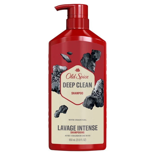 Old Spice Deep Clean Shampoo for Men with Charcoal in a red 650 ml pump bottle featuring charcoal graphics and bilingual English-French labeling, designed to remove built-up dirt and oil for a fresh, clean scent.