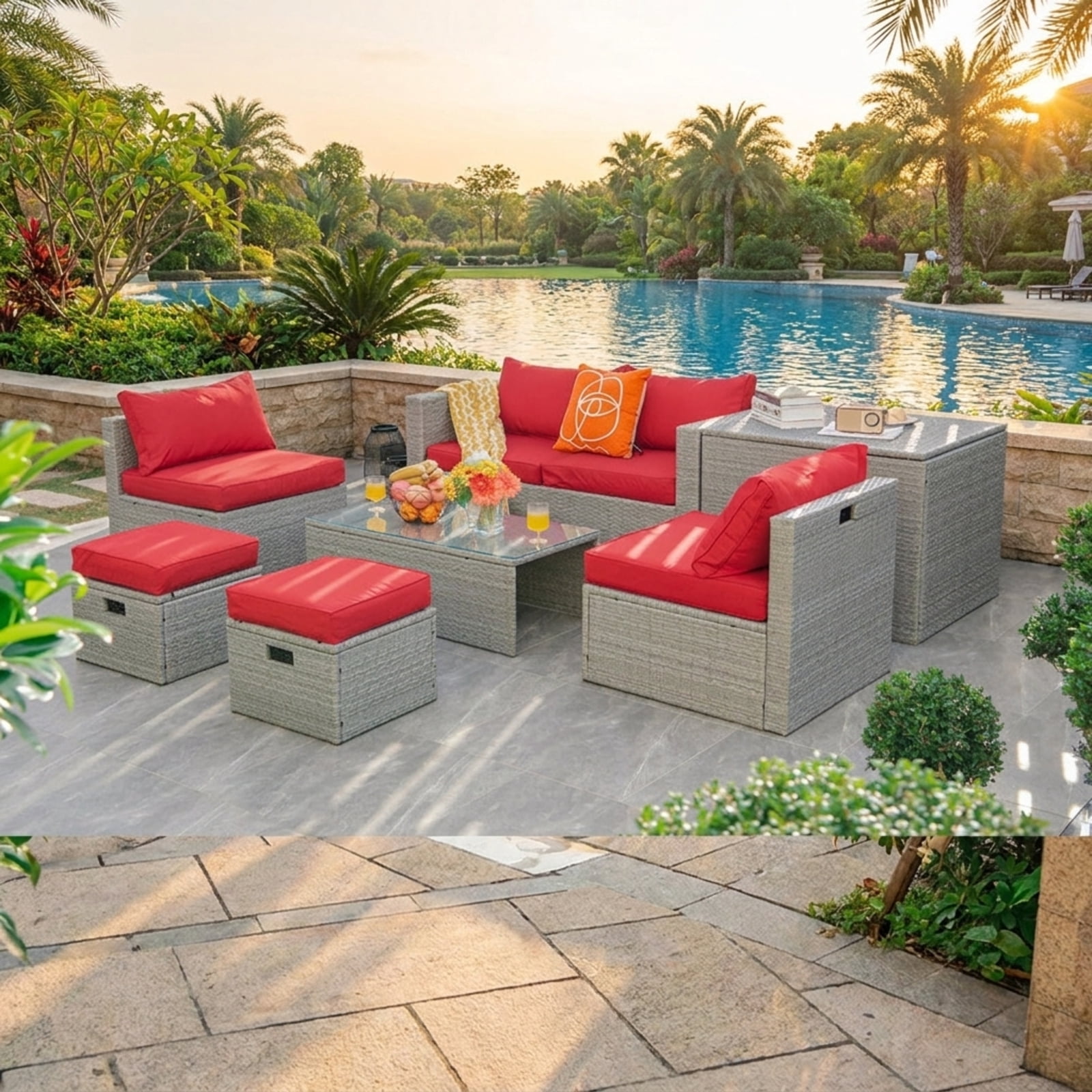 Furnibear 8 Piece Patio Rattan Furniture Set Outdoor Wicker Sectional Conversation Set with Storage Waterproof Cover Cushions and Glass Table, Red