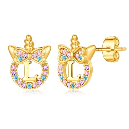 Turandoss 14K Gold Plated Colorful Cz Initial Unicorn Stud Earrings for Teens Little Girls Daughter Toddler Jewelry Birthday Gifts for Women Teen Girls