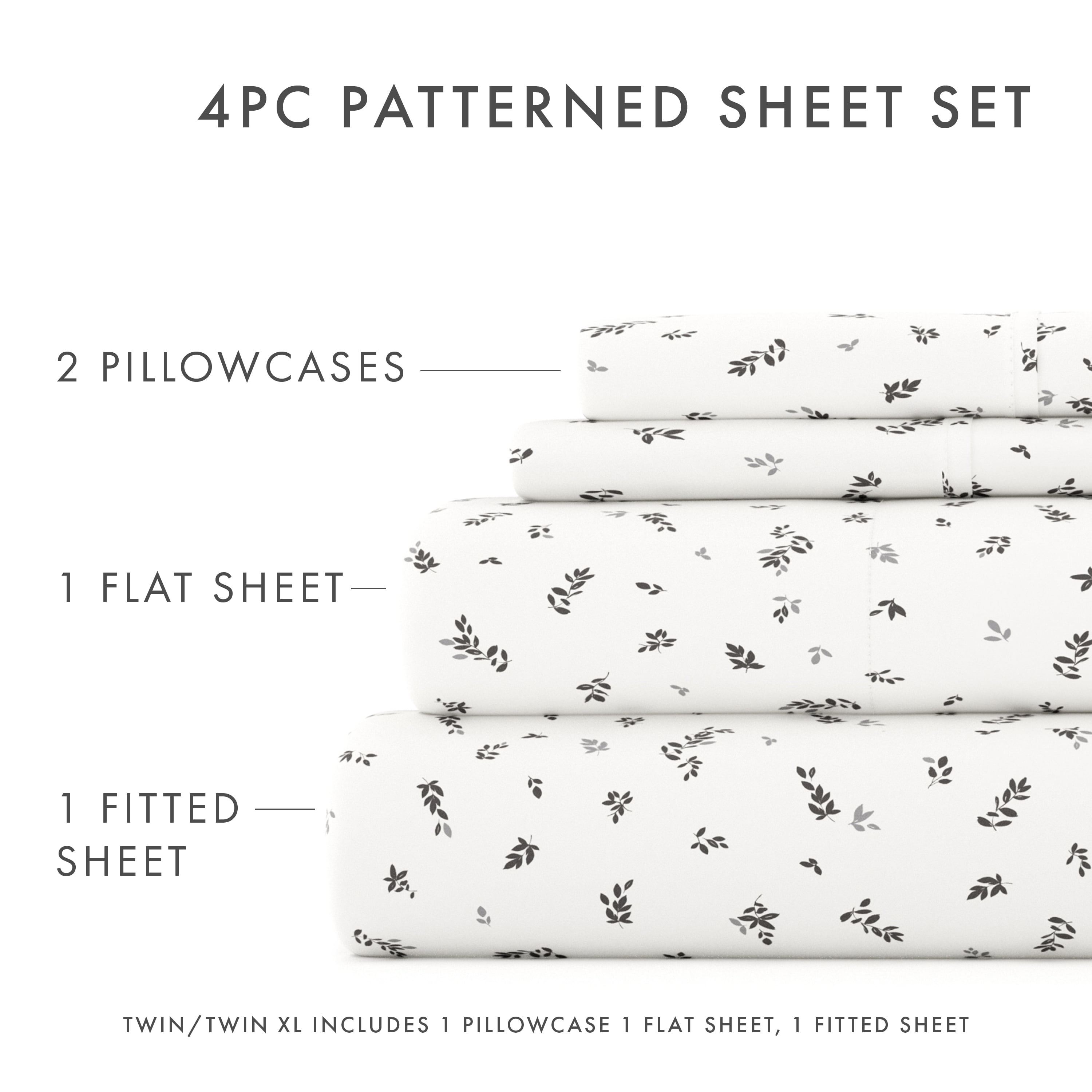 Noble Linens 4 Piece Pattern Microfiber Bed Sheets Set, Light Gray Spotted Leaves, King