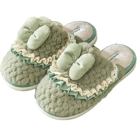 

CoCopeaunt Women Girls Cozy Fancy Fashion Lace Bow Laciness Slippers Fluffy Faux Fur Soft Fleece Lining House Shoes Indoor
