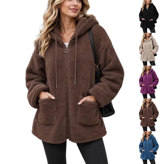 Plus Size Womens Fuzzy Winter Coats Full Zip Oversized Lightweight Hooded Fall Jackets with Pockets Drawstring Long Sleeve Loose Outerwear Size to 4XL
