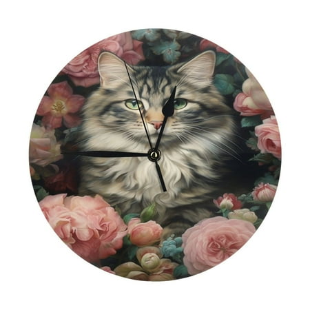 Wall Clocks cat and roses (1) Decorative for Living Room Kitchen Home Bedroom