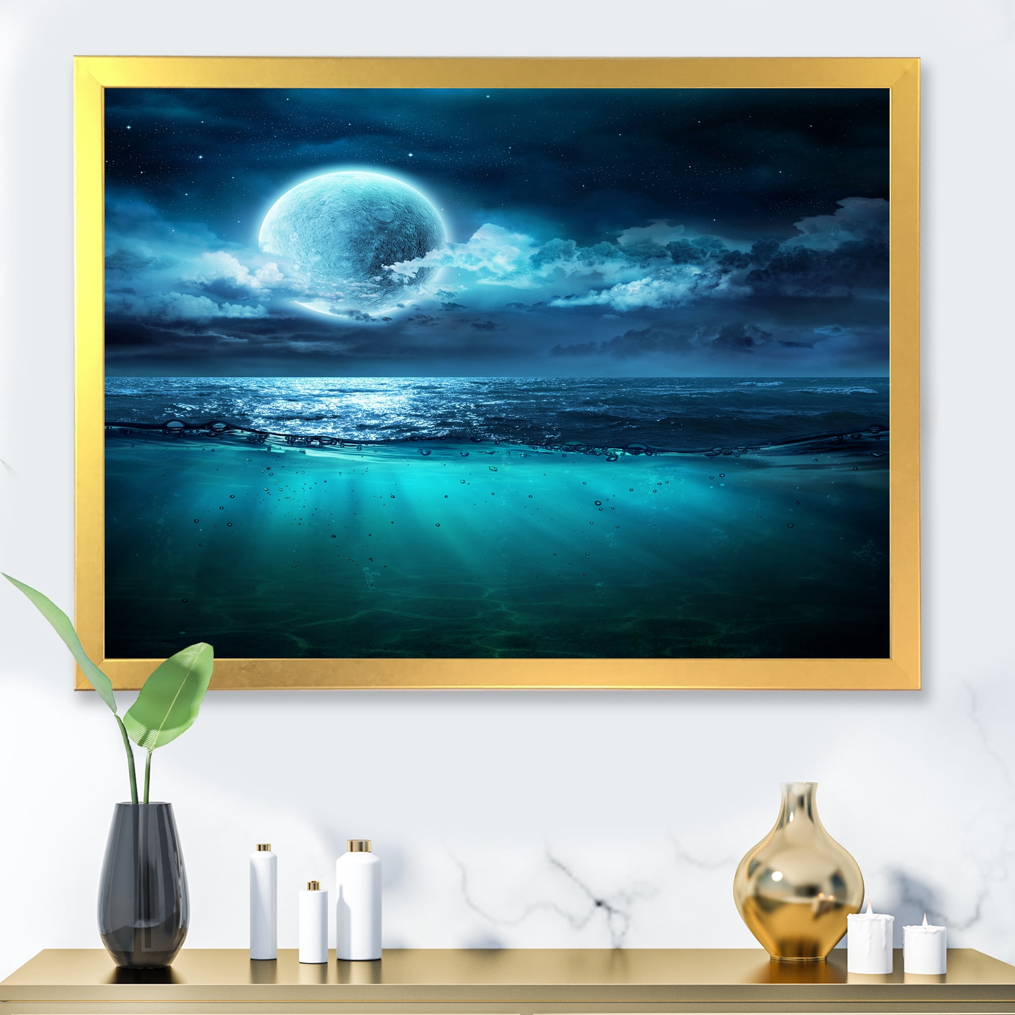 Designart 'Romantic Moon and Clouds Over Deep Blue Sea II' Nautical & Coastal Framed Art Print