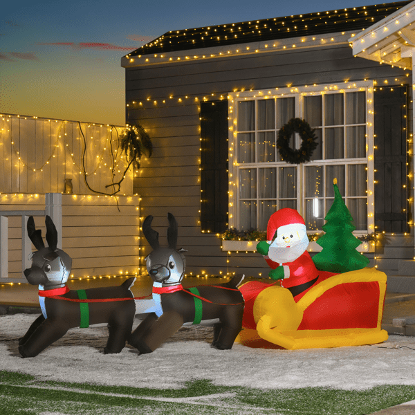 7ft Inflatable Christmas Sleigh with Santa & Reindeer - 12 LED Lights, Self-Inflating for Christmas Decor