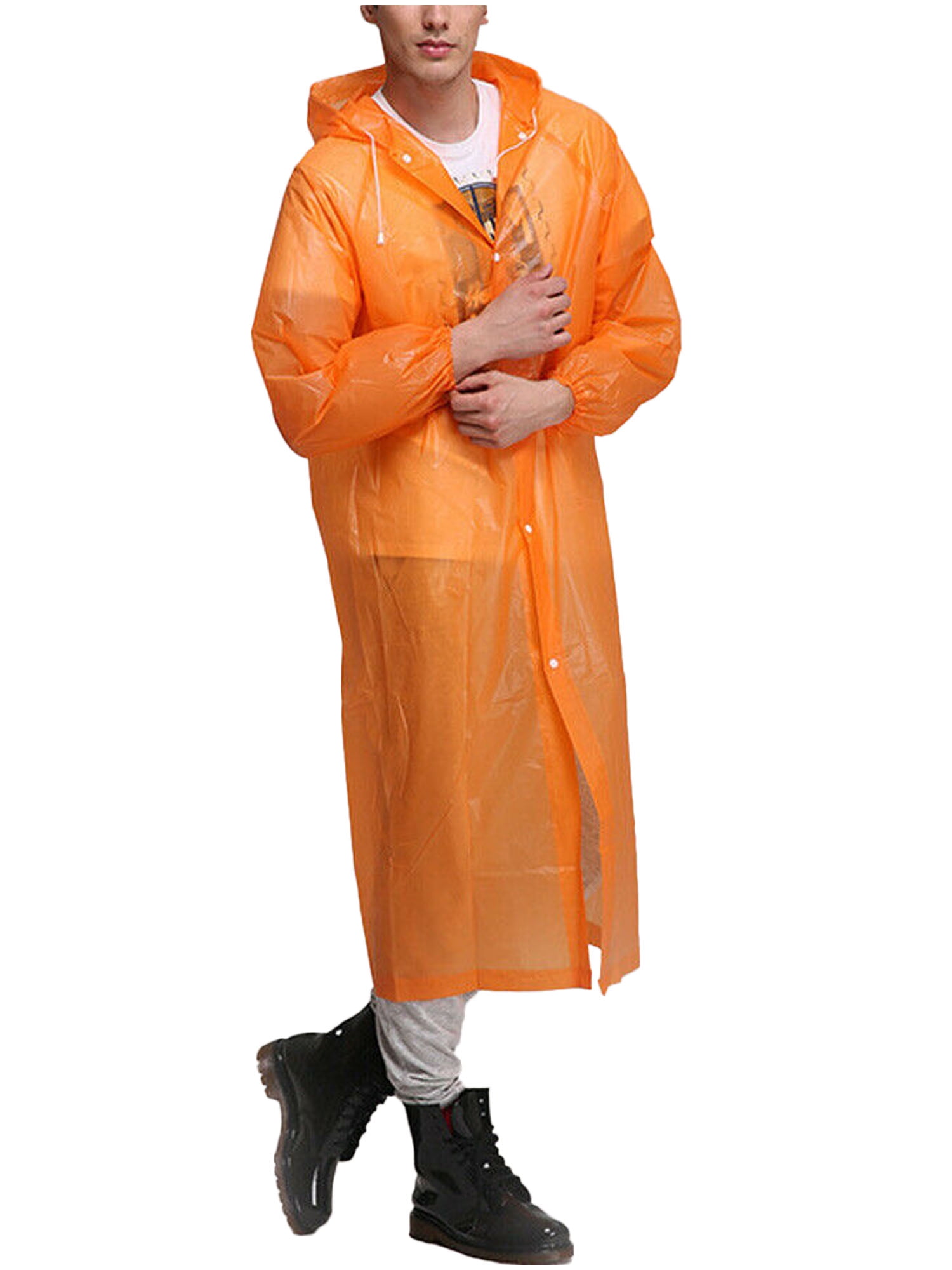 Unisex Reusable Raincoat Long Style Waterproof Transparent EVA Hooded Rain Coat Poncho with Belt for Men Women Adults 