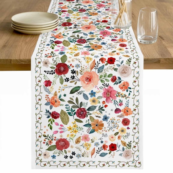 Watercolor Flowers Table Runner - 120 Inch Long Farmhouse Spring Floral Botanical Cotton and Linen Blended Dress Scarves Farmhouse Table Runner for Kitchen Dining, Coffee Table, 13" x 120"